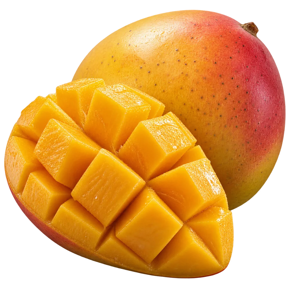 Ripe mango and a freshly cut golden mango half